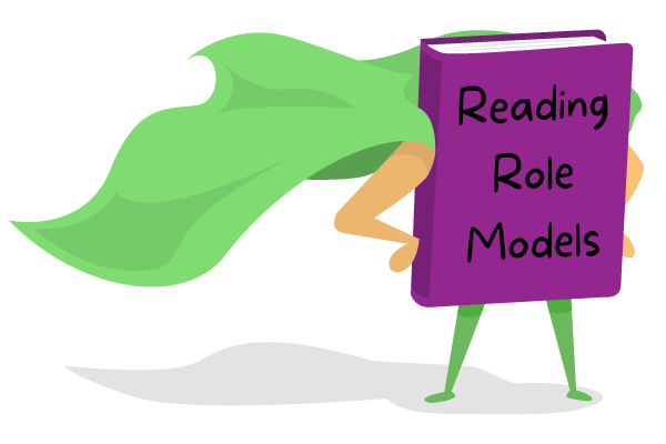Reading Role Models Logo - Purple Book Superhero with Green cape